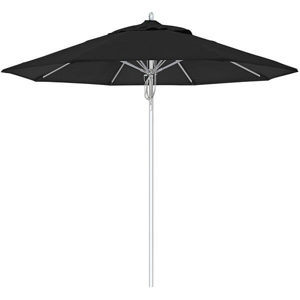 A black umbrella with a silver pole.