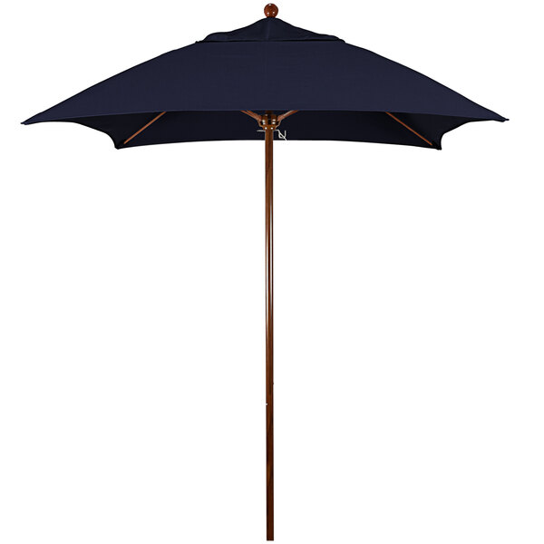 A blue California Umbrella with a wooden pole and a black canopy.