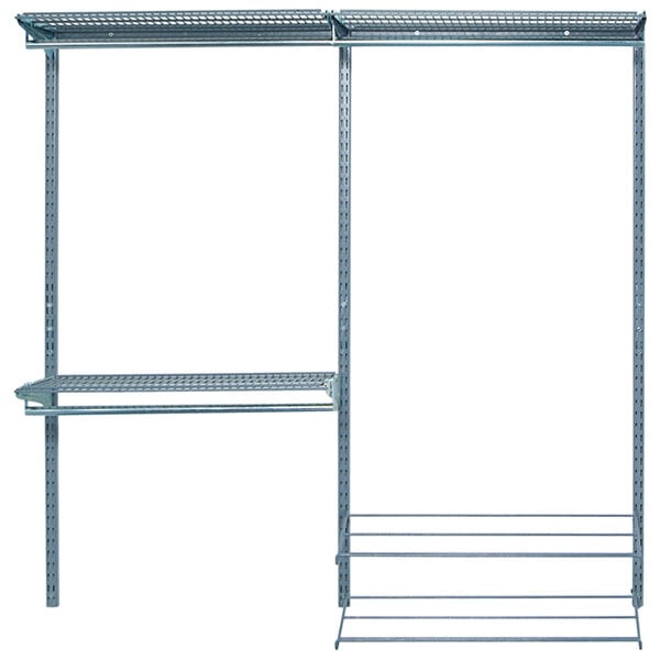 A metal shelving unit with shelves.