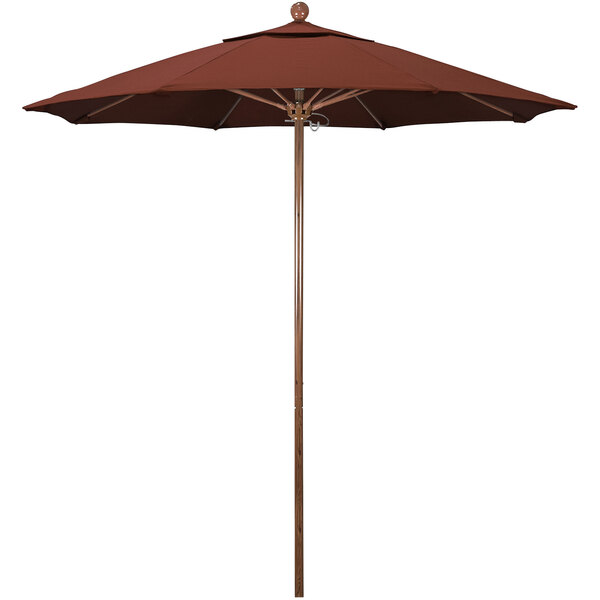 A brown California Umbrella with a wooden pole and a terracotta canopy.