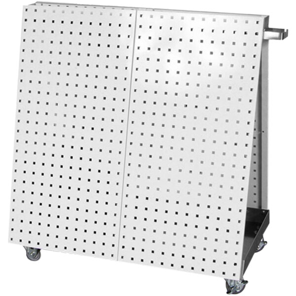 A white metal tool cart with a white pegboard on the side with small holes.
