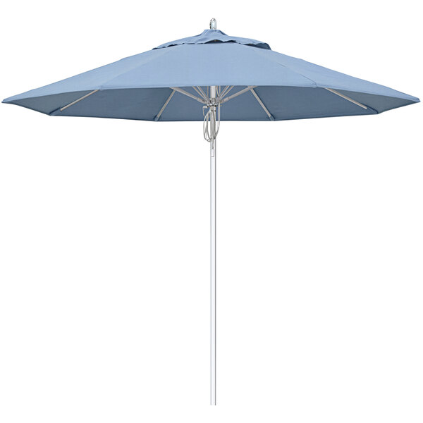 A California Umbrella Newport series blue umbrella with a silver pole.