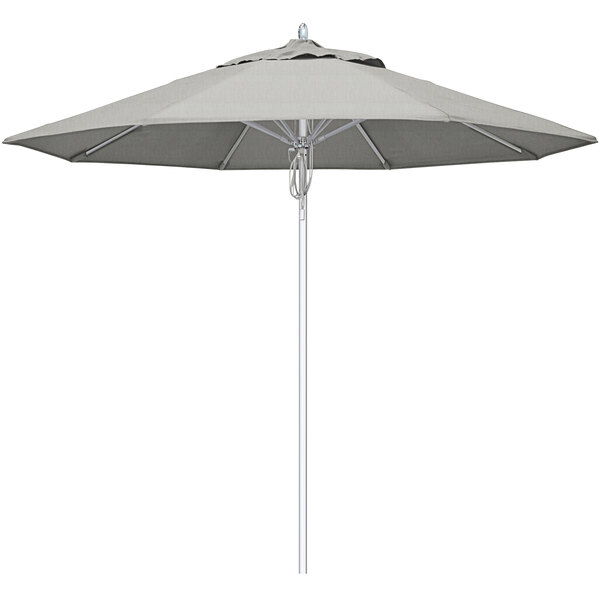 A grey California Umbrella with a grey pole.