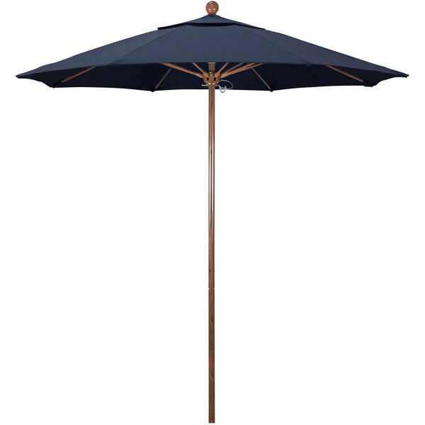A California Umbrella with a blue Sunbrella canopy and an American Oak aluminum pole.