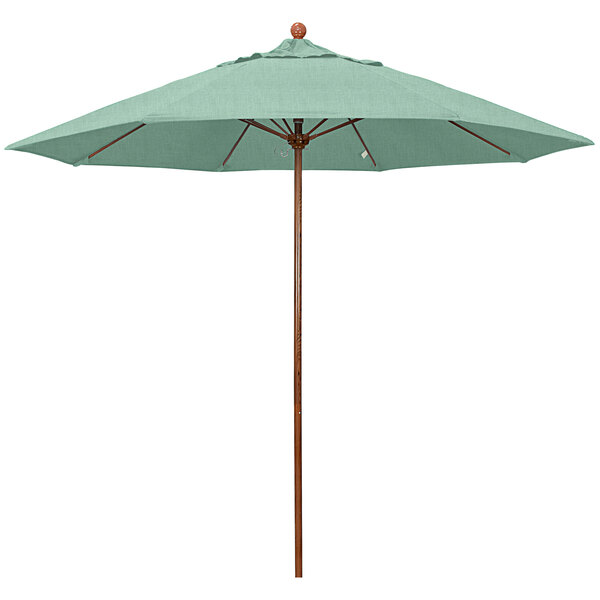 A California Umbrella green Sunbrella canopy on a white background with an American Oak pole.