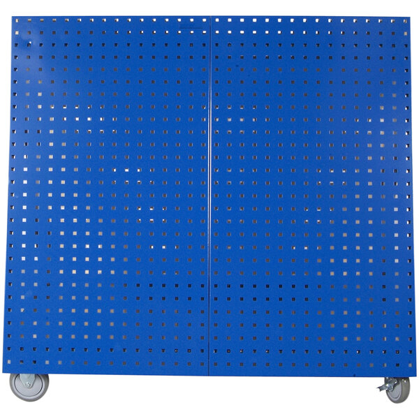 A blue metal Triton tool cart with blue metal panels and holes.