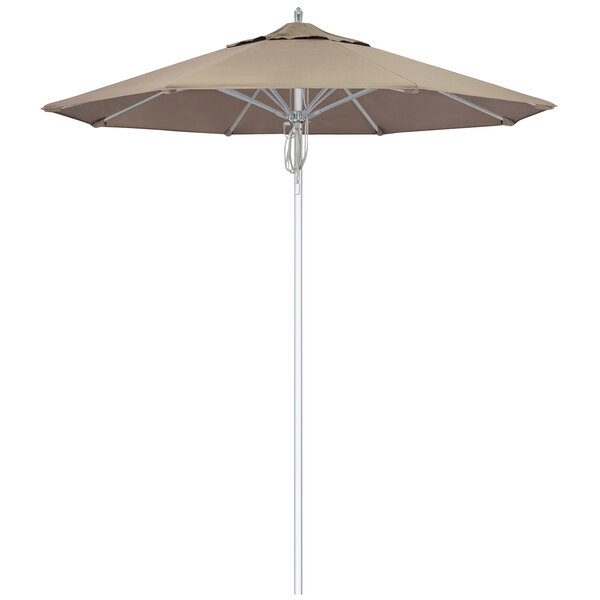 A taupe California Umbrella with a silver pole.