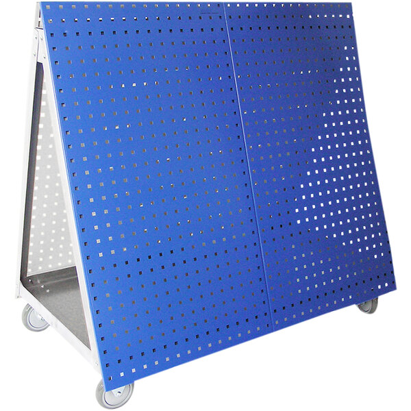 A blue metal Triton LocBoard tool cart with wheels.