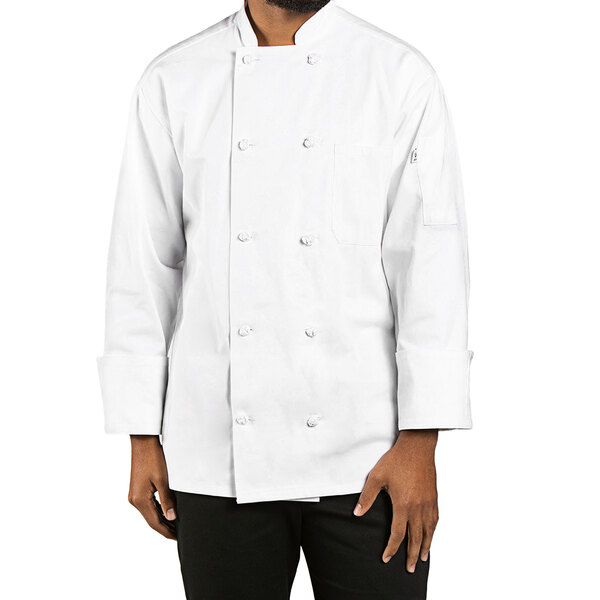 A person wearing a Uncommon Chef white long sleeve chef coat.