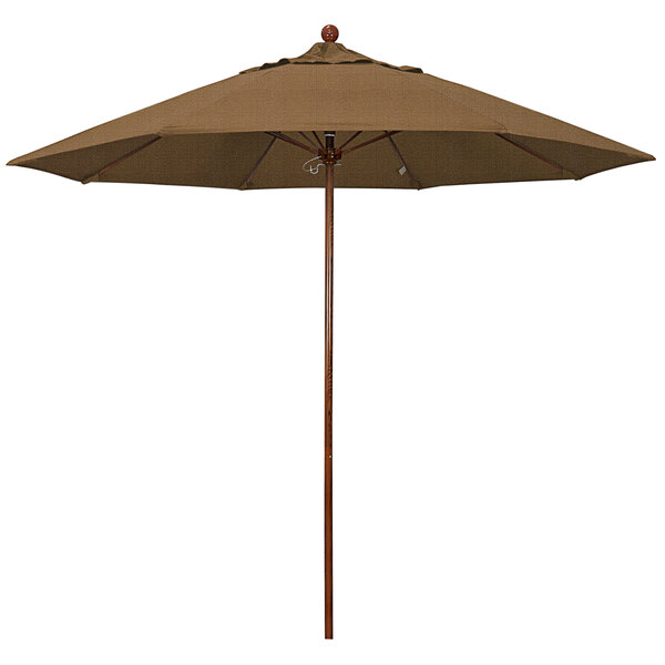 A close-up of a brown California Umbrella with a woven sesame canopy and an American oak pole.