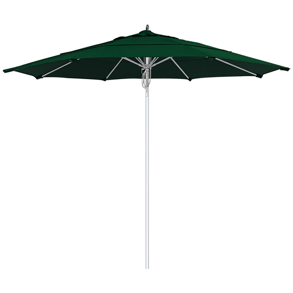 A forest green California Umbrella with a silver pole.