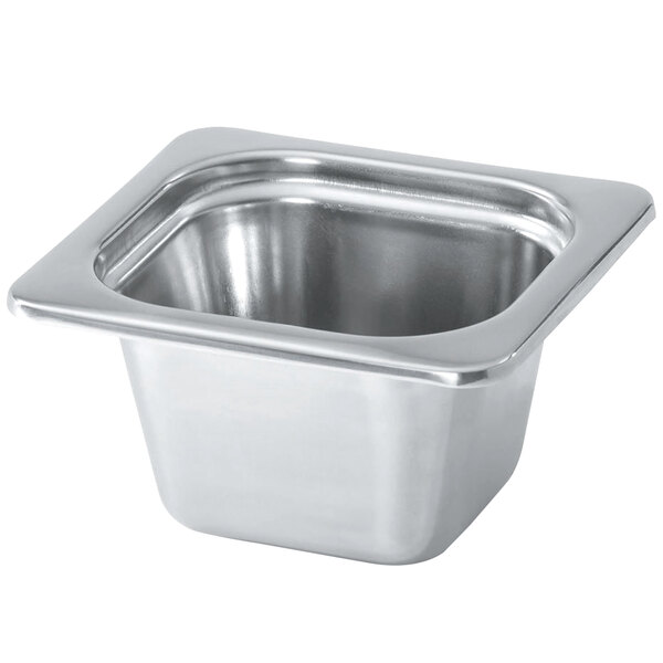 A Vollrath Miramar stainless steel steam table food pan with a square bottom.