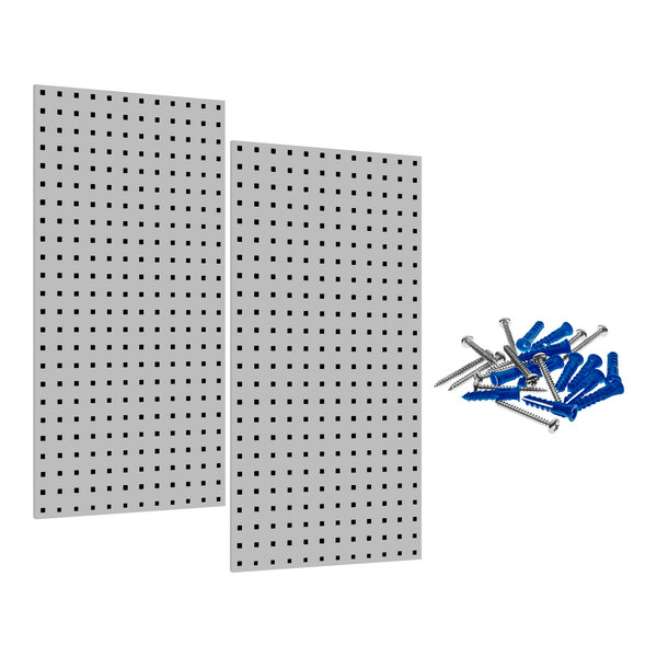 Two gray Triton LocBoards with screws and nuts hanging on a white pegboard.
