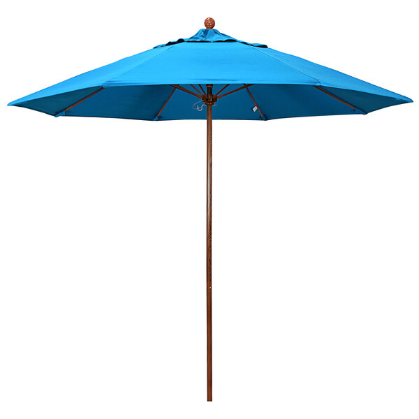 A cyan California Umbrella with an American Oak pole.