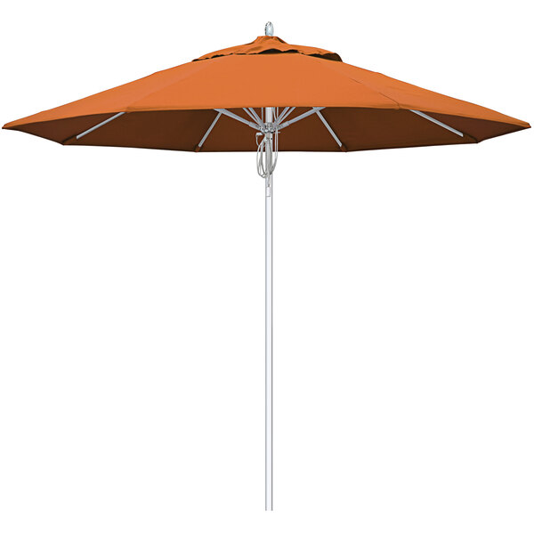 A Tuscan fabric California Umbrella with a silver pole and orange awning.