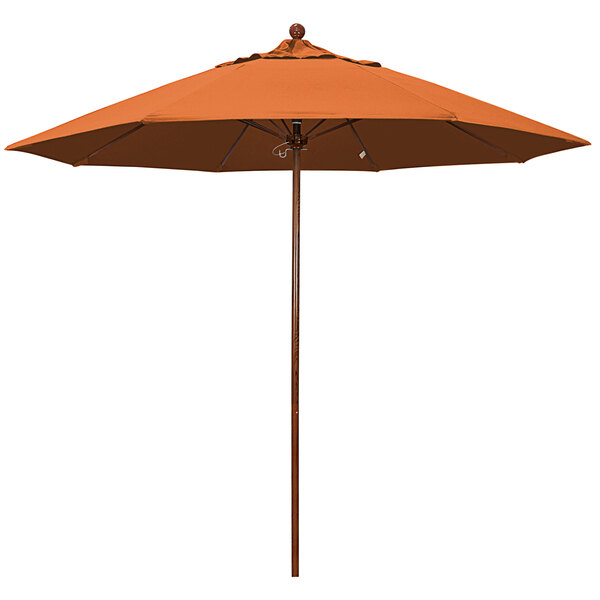 A California Umbrella with a round orange canopy and American oak pole.