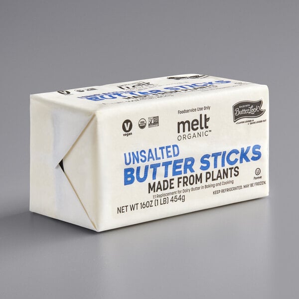 A white rectangular package of Melt Organic unsalted butter sticks with blue text.