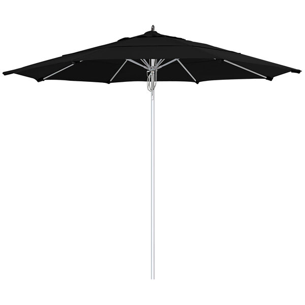 A black California Umbrella with a silver pole.