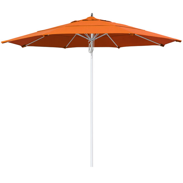 A California Umbrella Newport Series outdoor table umbrella with orange Sunbrella fabric.