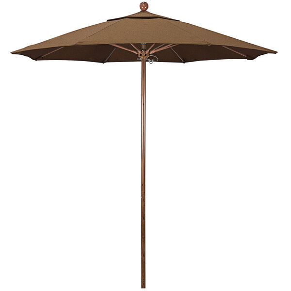 A brown umbrella with a pole and American Oak finish.