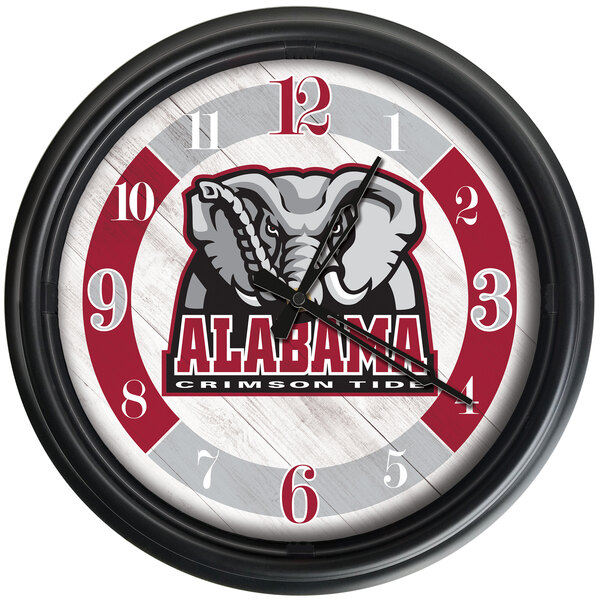 A white Holland Bar Stool University of Alabama wall clock with an elephant logo and LED lights.