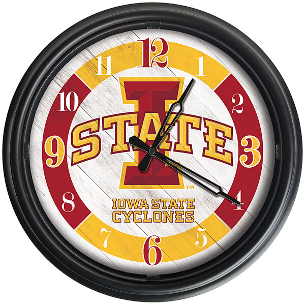 A white Holland Bar Stool clock with the Iowa State Cyclones logo on the face.