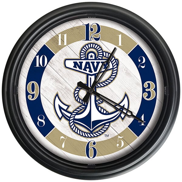 A white clock with a blue and white circle and a navy anchor and rope.