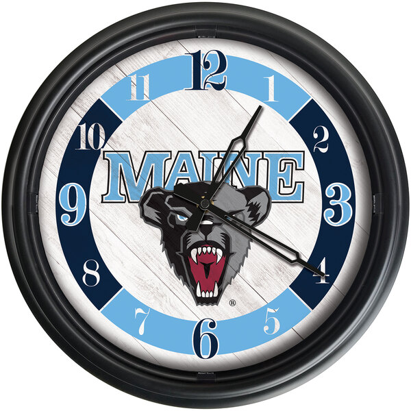 A white Holland Bar Stool wall clock with the University of Maine logo and black clock face.