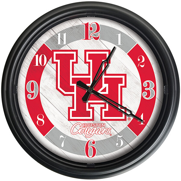 A white Holland Bar Stool University of Houston wall clock with red and grey lettering and LED lights.