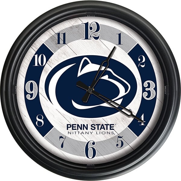 A white Holland Bar Stool clock with the Pennsylvania State University logo on it.