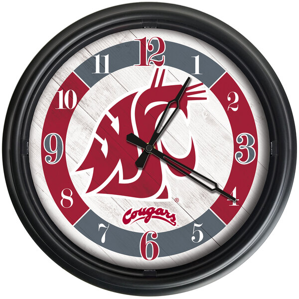 A white Holland Bar Stool clock with the Washington State University Cougars logo on it.