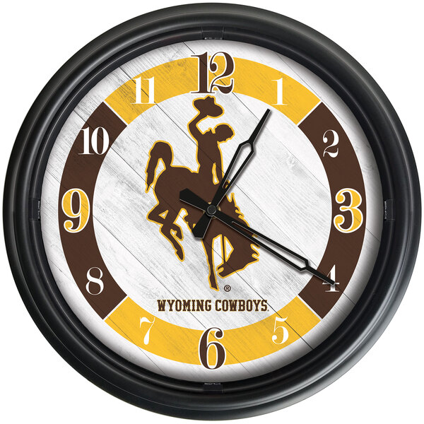 A Holland Bar Stool University of Wyoming LED wall clock with a cowboy on a horse.