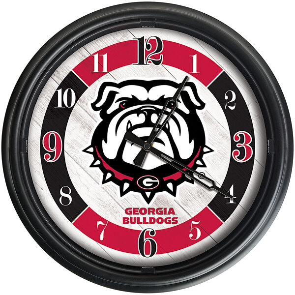 A white Holland Bar Stool clock with the University of Georgia Bulldog logo on it.