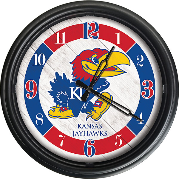 A white Holland Bar Stool University of Kansas wall clock with red and blue text and a Jayhawk logo.