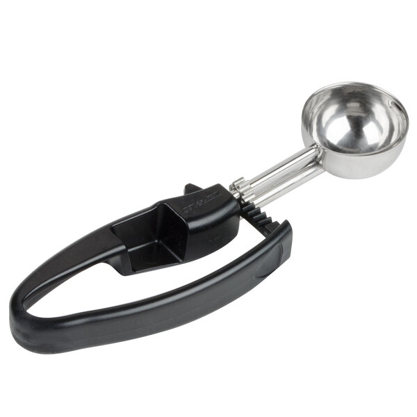 A Zeroll #30 black and silver ice cream scoop with a black handle.