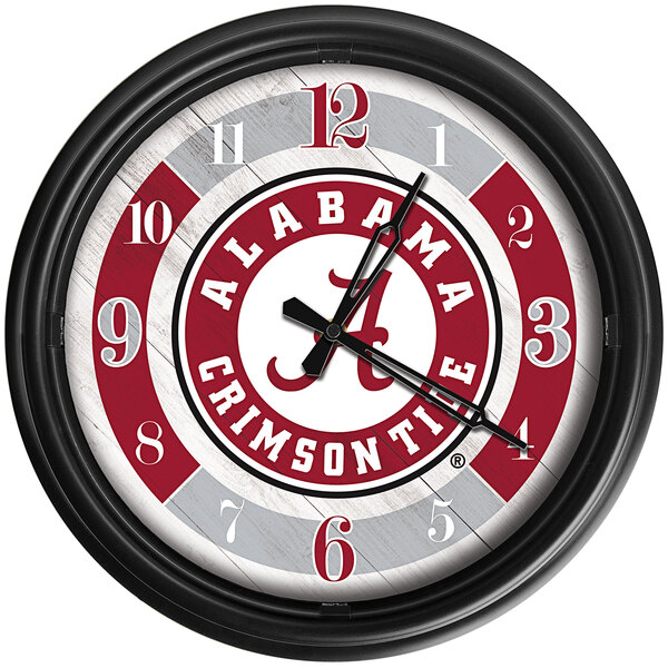 A white Holland Bar Stool clock with a red and white University of Alabama Script A logo on it.