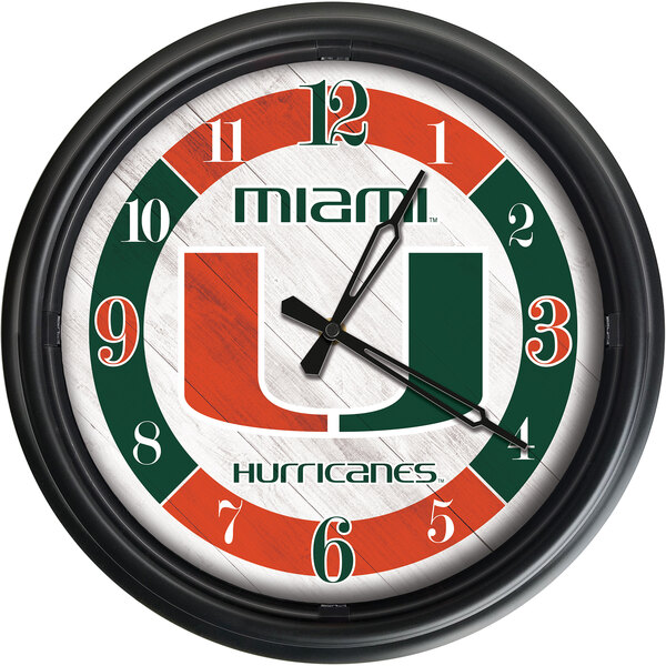 A Holland Bar Stool University of Miami wall clock with a green and orange design on a white background.