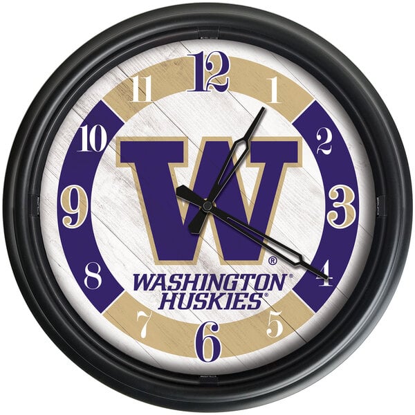 A white Holland Bar Stool wall clock with the University of Washington Huskies logo in purple and white.
