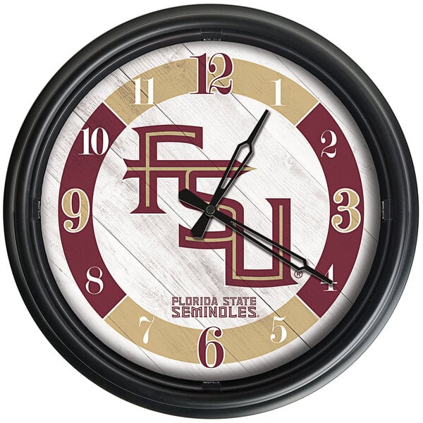 A white Holland Bar Stool clock with a red and white Florida State Seminoles logo.