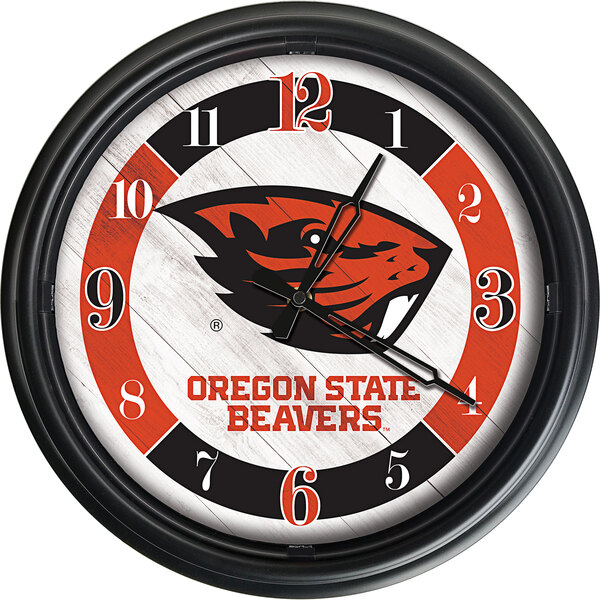 A Holland Bar Stool Oregon State Beavers wall clock with logo and numbers.