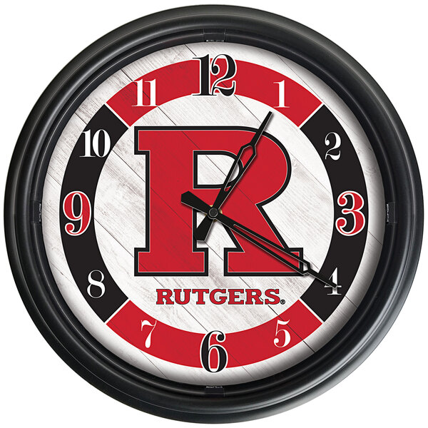 A red and black Holland Bar Stool clock with the word "Rutgers" on it.