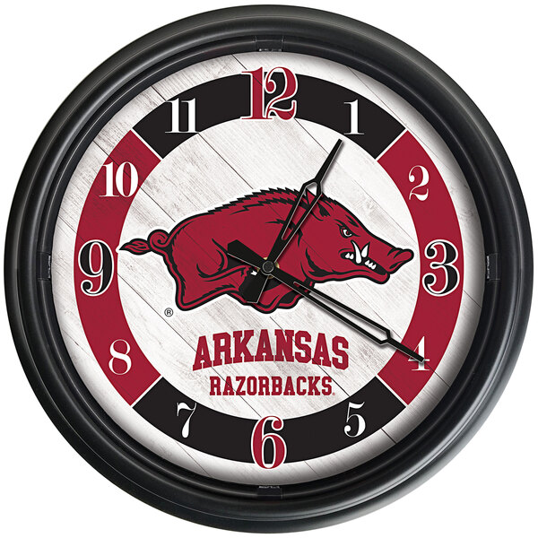 A red and black Holland Bar Stool University of Arkansas wall clock with a hog logo and LED lights.