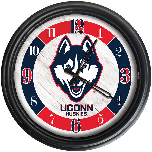 A Holland Bar Stool University of Connecticut LED wall clock with the UConn Huskies logo.