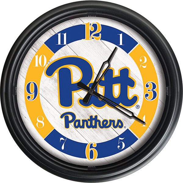 A blue and yellow Holland Bar Stool clock with the word "Pitt" on it.