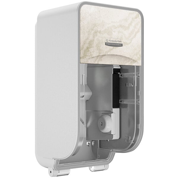 A Kimberly-Clark Professional ICON Coreless Standard Roll Vertical Toilet Paper Dispenser with a white cover and beige faceplate.