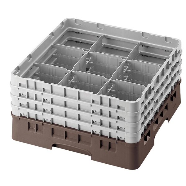 A brown Cambro glass rack with nine compartments.