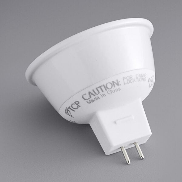 A TCP dimmable LED light bulb with a GU5.3 base and two small metal pins.