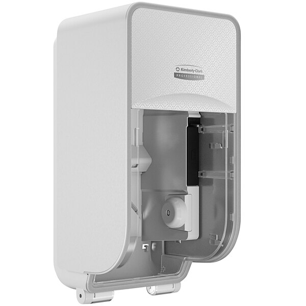 A white rectangular Kimberly-Clark Professional toilet paper dispenser with a door open.