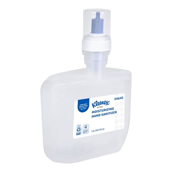 A clear plastic bottle of Kleenex Ultra-Moisturizing foaming hand sanitizer.