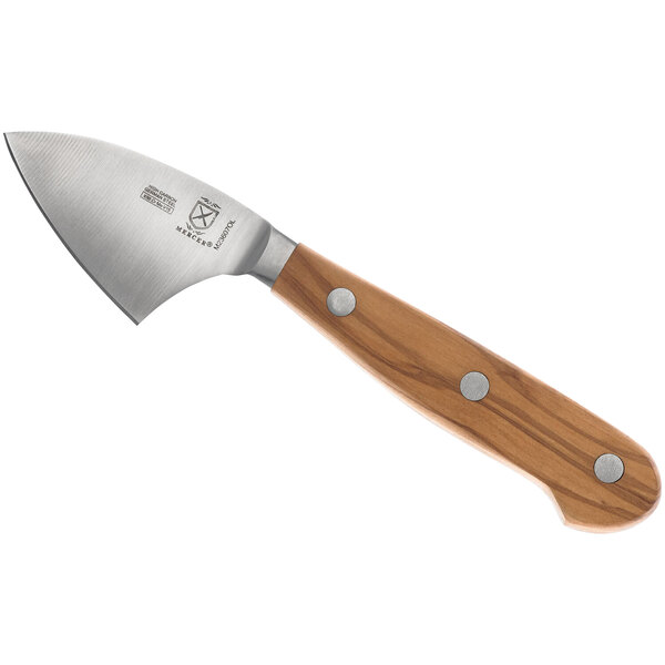 A Mercer Culinary Renaissance® Parmesan cheese knife with an olive wood handle.